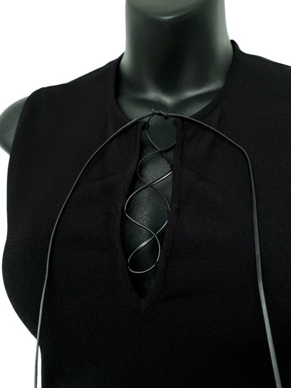 Vintage Gucci Black Sheath Dress Leather Lace-Up Neck Ruched Designer Dress Med - Picture 8 of 12